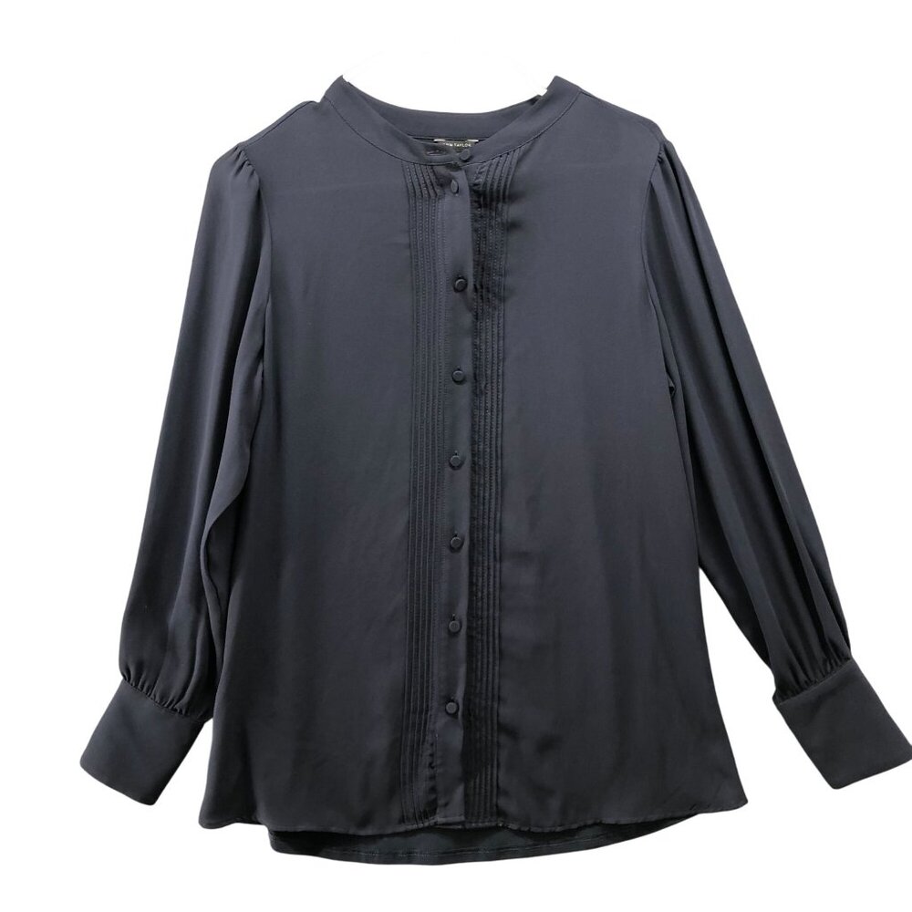 Ann Taylor Long Sleeve Blouse Womens S Navy Blue Chiffon Pintuck Button Front